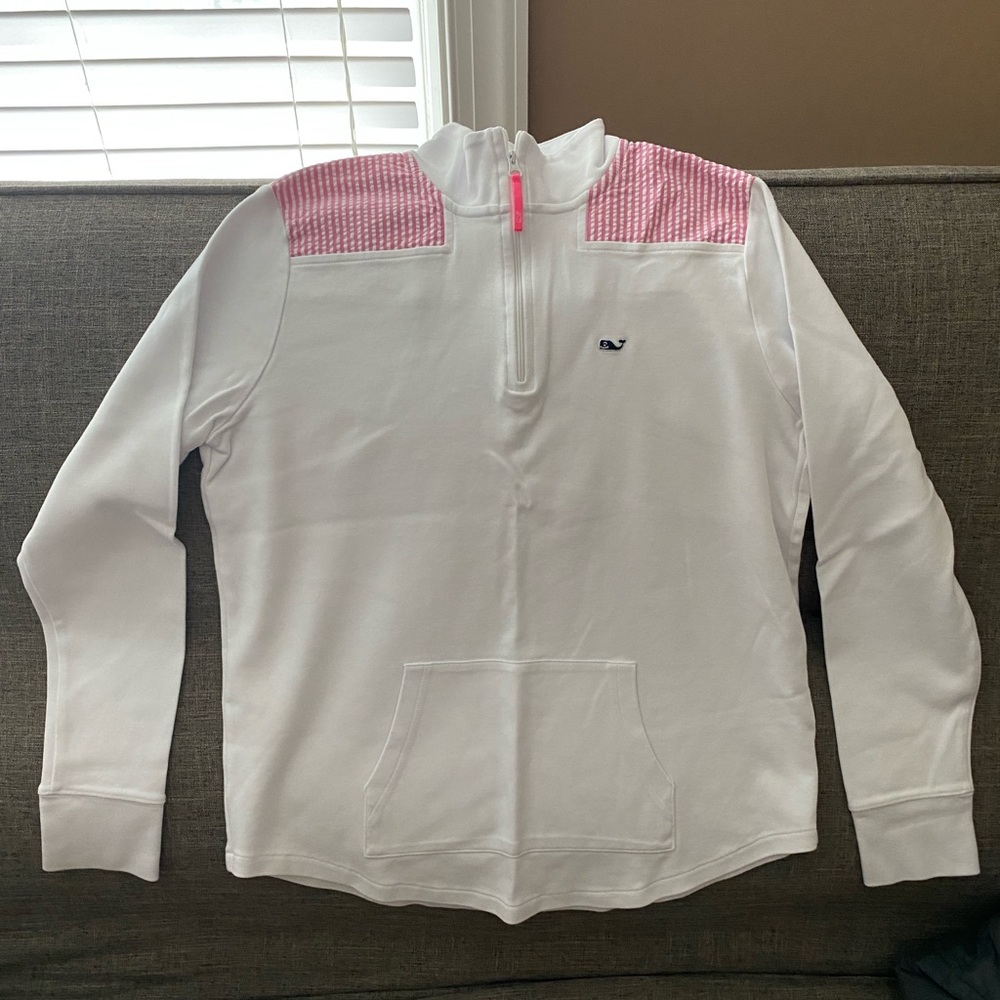 Vineyard Vines White and Pink Quarter-Zip Pullover